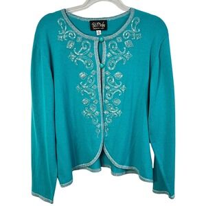 Bob Mackie Cardigan Women XL Teal Beaded Embroidered Wearable Art